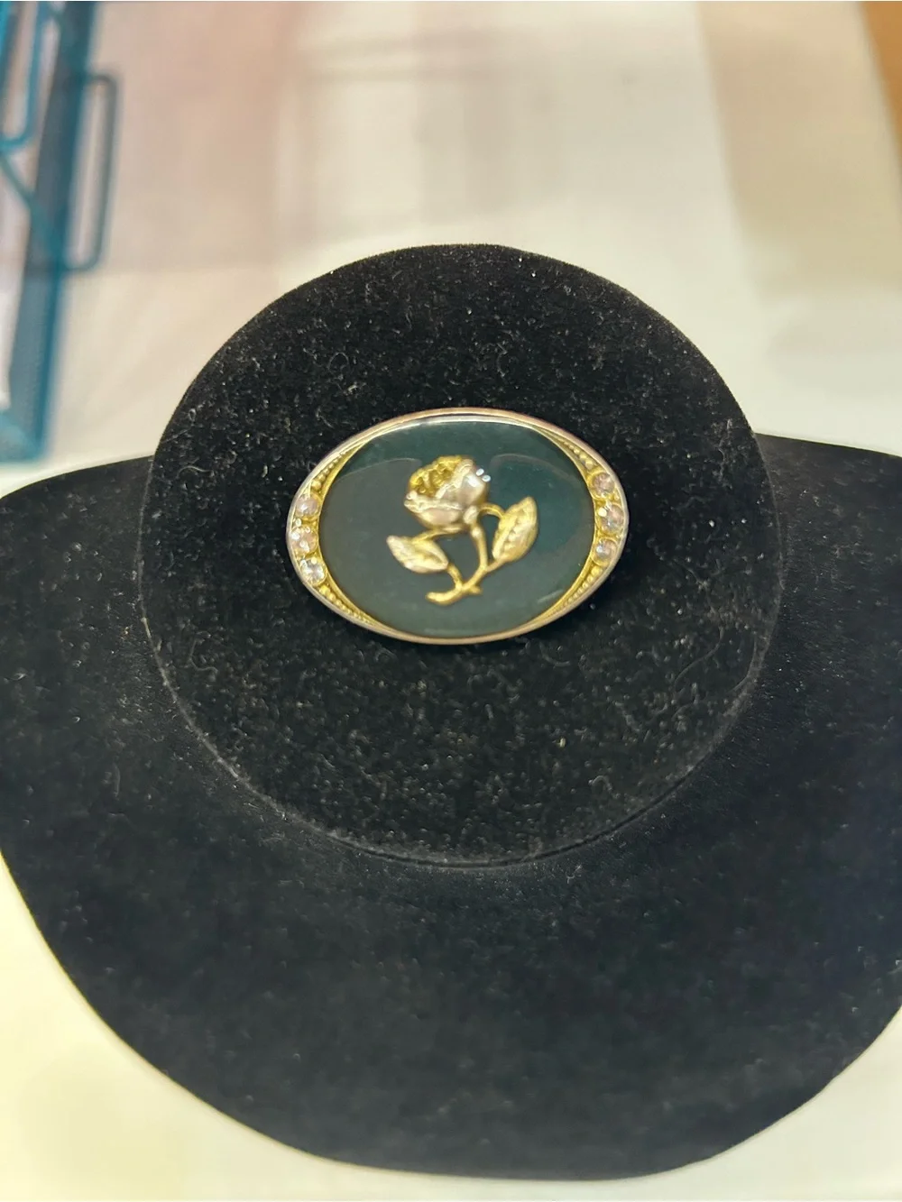 Catherine Popesco Gold Rose Oval Green Enamel Brooch with Rhinestones